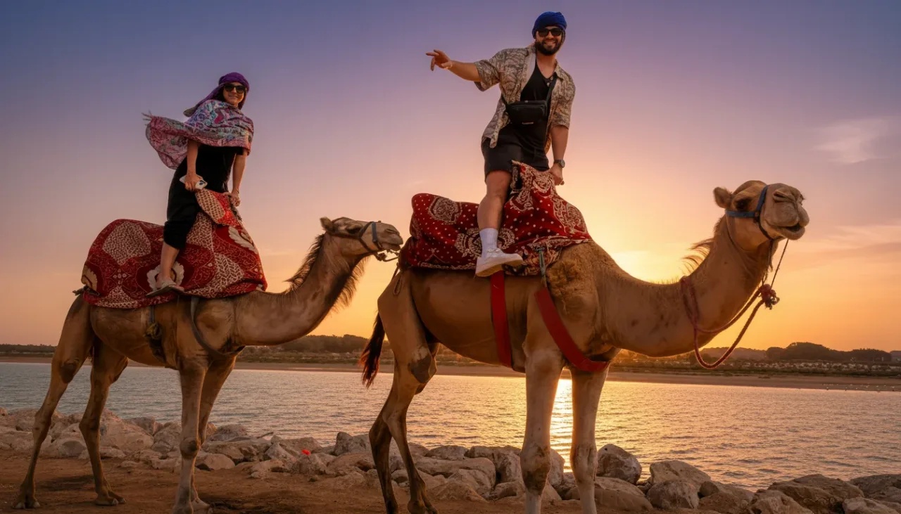 ركوب الجمال عند الغروب مع عشاء باربكيو