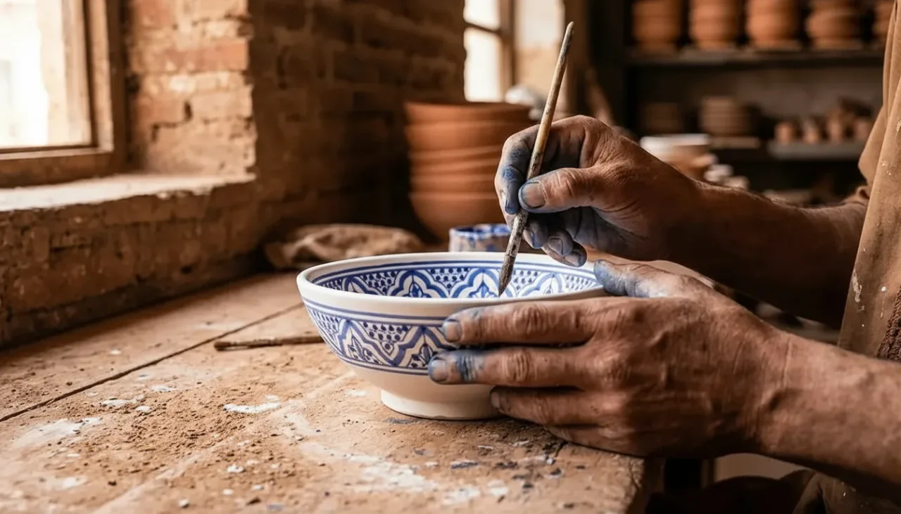 Close up of hands molding a traditional clay tajine