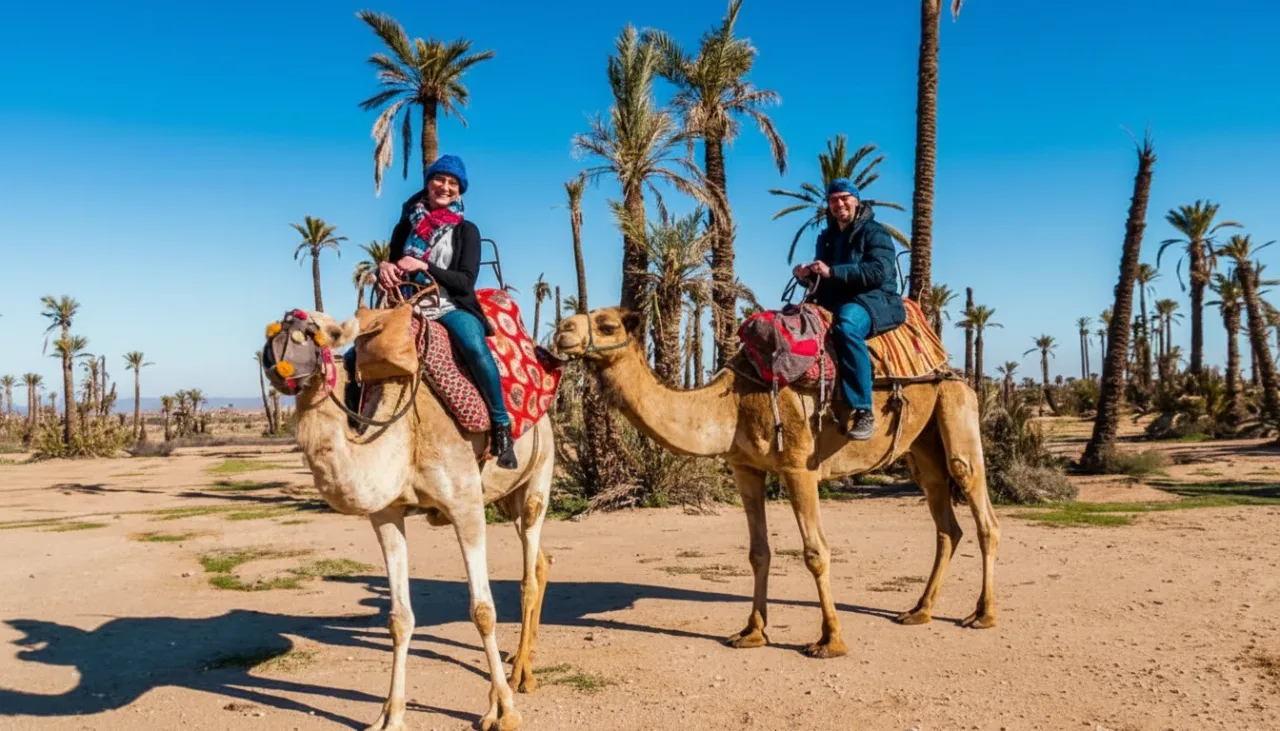 Happy family enjoying a camel ride in Morocco