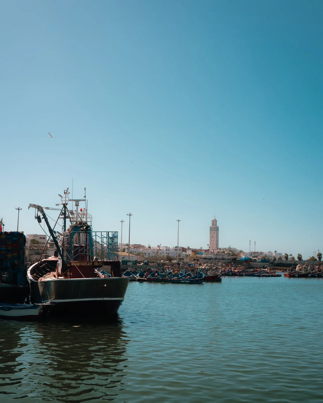 Scenic view of the Essaouira fishing port with its boats