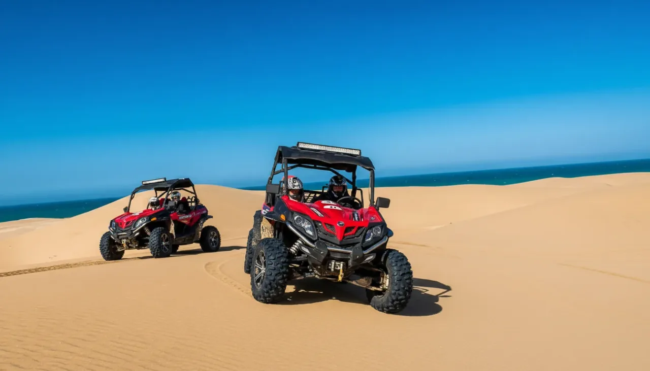 Close up of a buggy driving on a dusty forest trail in Agadir